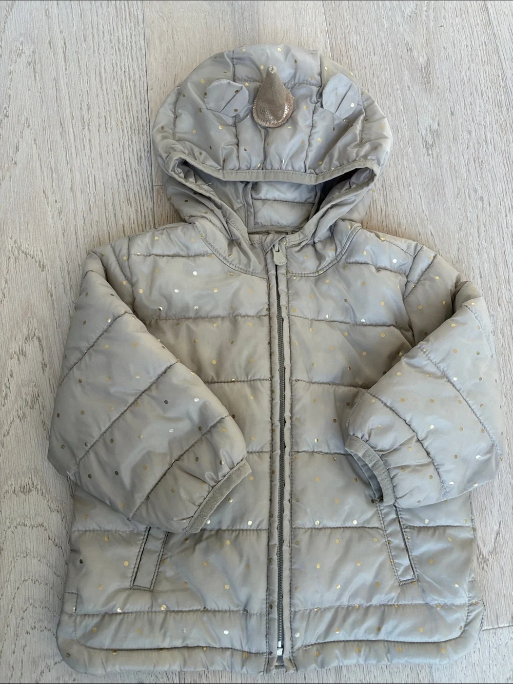 GAP Unicorn Light Gray Hooded Puffer Jacket with Metallic Dots